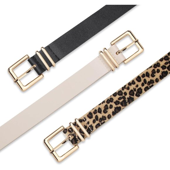 Pack 3 Women's Belts for Jeans Pants Gold Buckle Leather Belts Beige Leopard - Picture 2 of 5